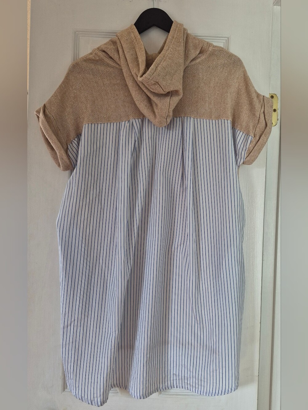Korean Mixed Media Hooded Tunic Dress Beige Knit Blue Stripe Layered FIts M/S - Picture 3 of 11